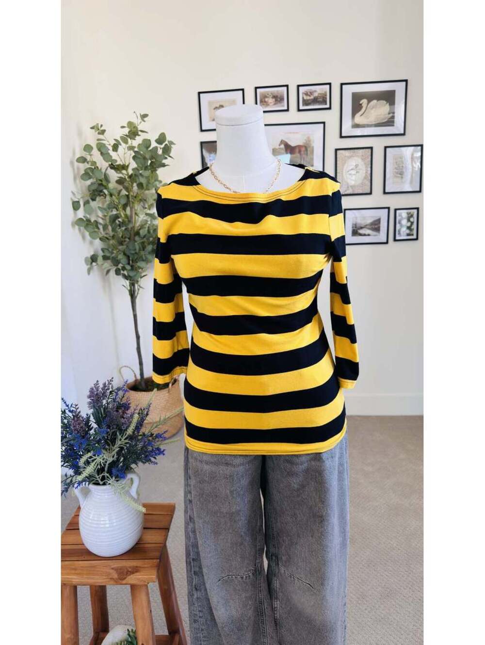 Fensace Yellow and Black Striped 3/4 Sleeve Top - Size M